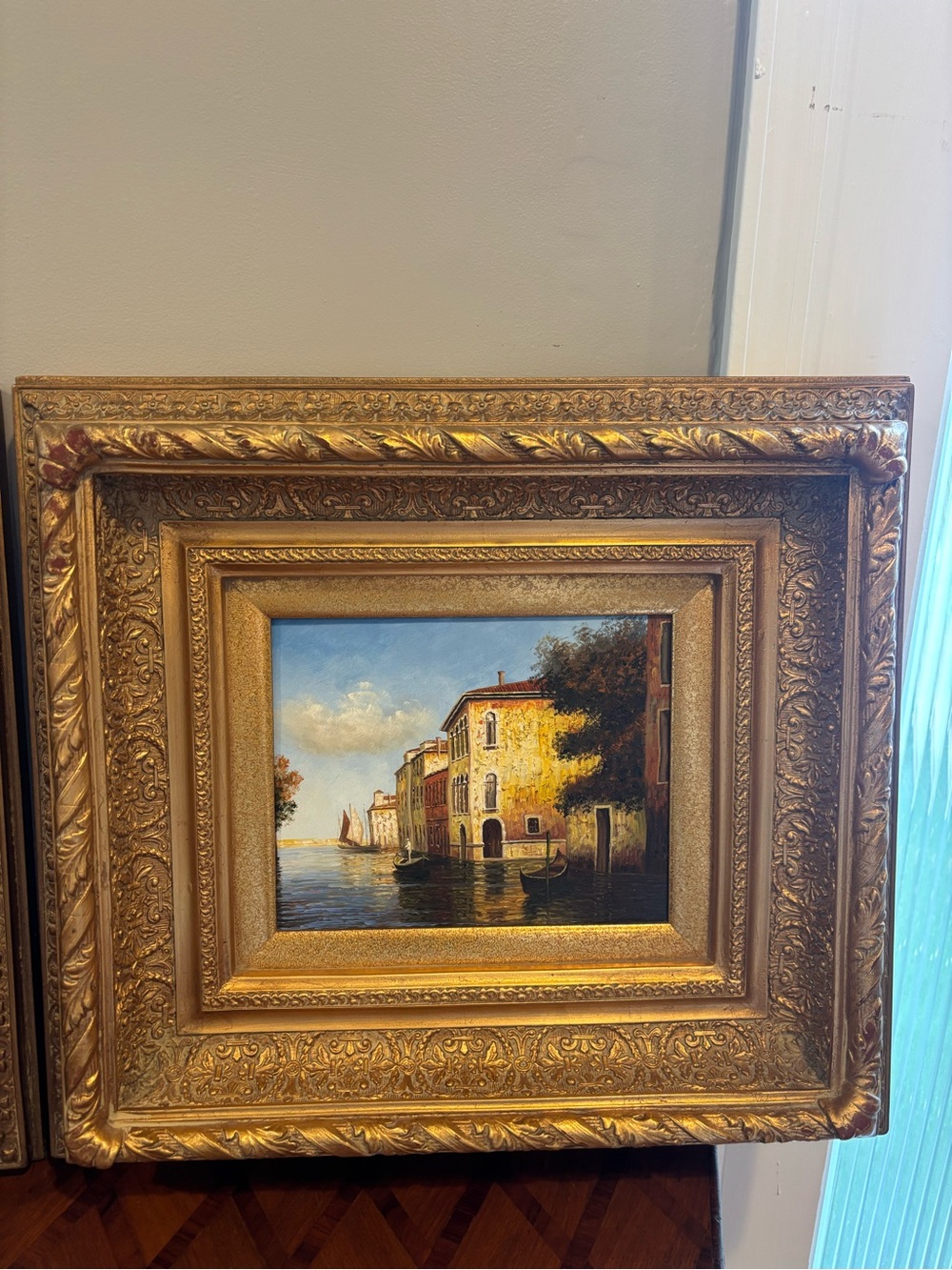 Vintage Framed Oil Painting of Venetian Canal Scene